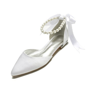 Pointed Toe Ankle Strap Pearls Ribbon Women Shoes