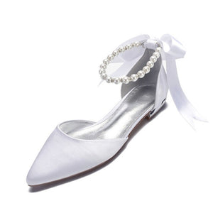 Pointed Toe Ankle Strap Pearls Ribbon Women Shoes