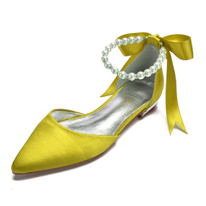 Pointed Toe Ankle Strap Pearls Ribbon Women Shoes