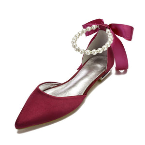 Pointed Toe Ankle Strap Pearls Ribbon Women Shoes
