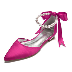 Pointed Toe Ankle Strap Pearls Ribbon Women Shoes